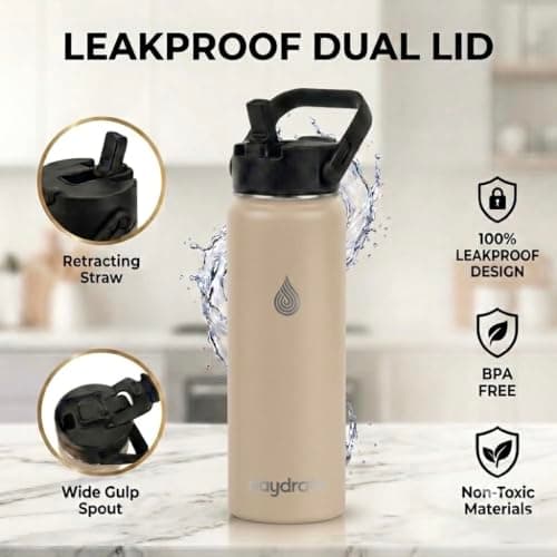 Insulated Metal Water Bottle with Straw 750ml- Stainless Steel Water Bottle, BPA Free, Lid Straw & Spout, Leakproof, 24 Hours Cold & Hot, Work, Travel, Gym Bottle for Men & Women - Sandstone -Daydrate — view 3