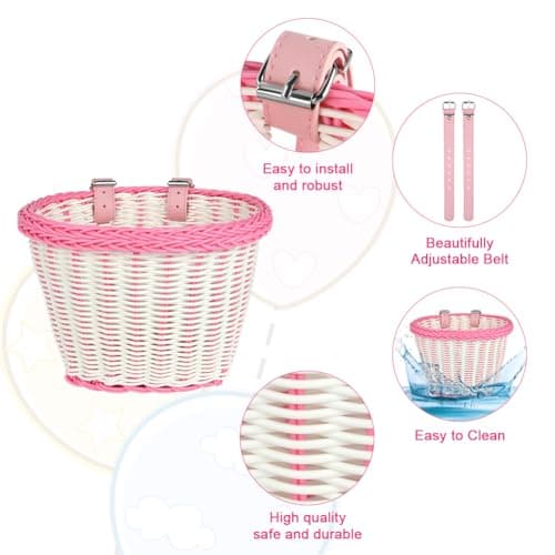 Flintronic Kids Bike Basket Handwoven Cycle Basket for Kids, Bicycle Basket For Girls Boys Childs, with Bike Accessories - Pink&White — view 3