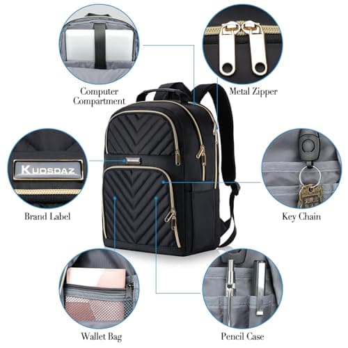 Kuosdaz Backpack Women, 15.6 Inch School Backpack Girls Teenager, Laptop Backpack Stylish Daypack Waterproof for School, Uni, Travel, Work, Black — view 6