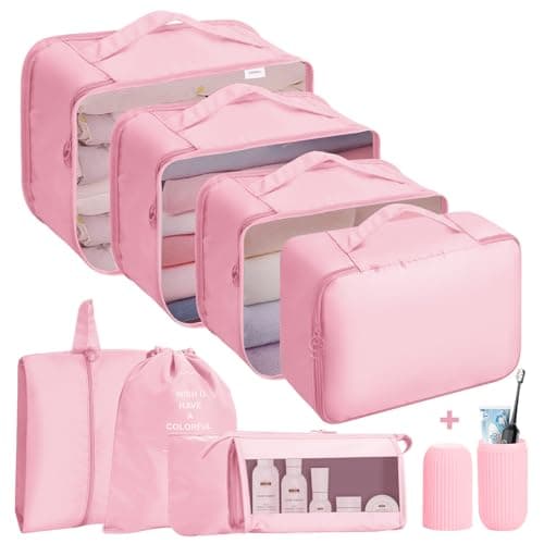 Jsdoin Packing Cubes for Suitcase,9 PCS Travel Luggage Packing Cubes for Backpack, Waterproof Essentials Suitcase Organiser Bags, Travel Accessories (Pink)