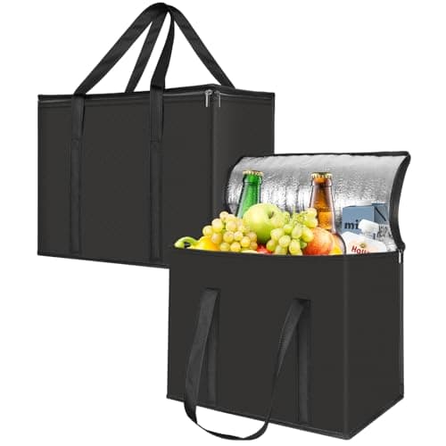 Esilihom 2 Pack Cooler Bag with Base, 35L Large Insulated Thermal Bag for Hot & Cold Food, Reusable Grocery Tote with Zipper, Pizza Delivery/Picnic/Camping/Men/Women
