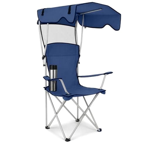 GoDyna Portable Camping Chair with Canopy Shade Folding Outdoor Chair with Cup Holder Heavy Duty Waterproof Beach Fishing Lawn Chair for Camping Picnic Garden Patio Support 175kg (Dark Blue)