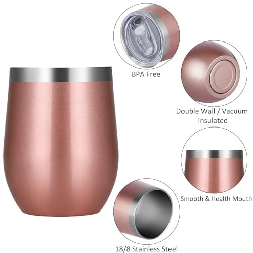 Joymaking 12oz Reusable Coffee Cup, 2 Pack Double Walled -Insulated Travel Mug Vacuum Stainless Steel Wine Tumbler with Spill Proof Lid, Great for Coffee, Tea, Milk and Wine, Black Rose Gold — view 5