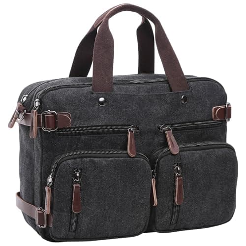 WTiger Canvas Laptop Briefcase Convertible Backpack Messenger Shoulder bag Handbag Multi-functional Travel Rucksack Fits 17.3 Inch Laptop for Men Women