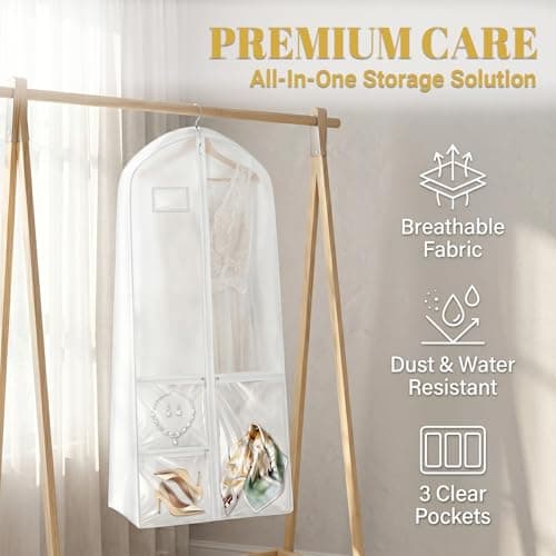 Vesavifaka Garment Bag Long 180 x 60 cm, Moth-Proof Garment Bags – Garment Bag Suit, Wedding Dress Cover with Handle, Foldable Garment Cover with Zippered Pockets, White — view 3