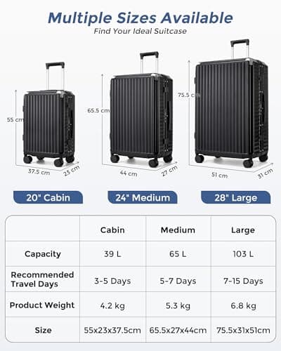 Kono 20 Inch Cabin Suitcase with Cup Holder, 39L PC Carry On Luggage — view 3