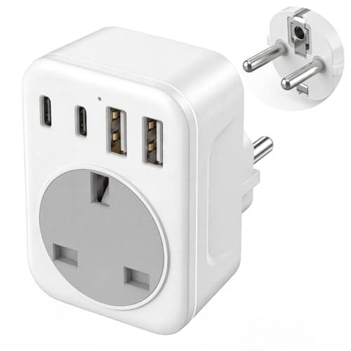 UK to European Travel Adaptor with 4 USB Ports(1 USB C),UK to EU Plug Adaptor – 40W USB C Fast Travel Adaptor, Grounded Type E/F Schuko Charger for France, Spain, Germany, Italy, Turkey, Poland,