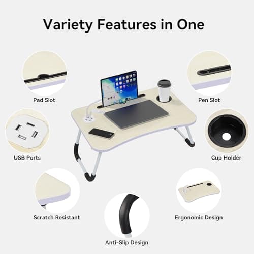 Foldable Laptop Table with USB Ports, Drawer, Cup Holder&Tablet Slot, Beige — view 3