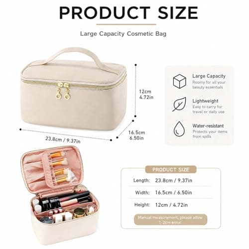 Large Makeup Bag with Compartments for Women, Beige Travel Cosmetic Pouch, Portable Toiletry Organizer Case for Skincare and Beauty Essentials — view 4