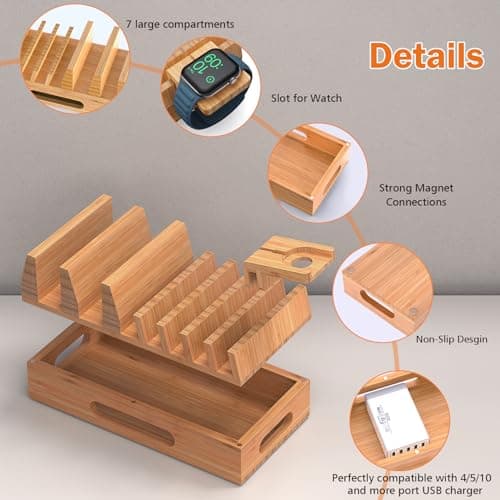 All In One Family Dock Station, Wooden Bamboo Charge Stand-Natural Bamboo — view 2