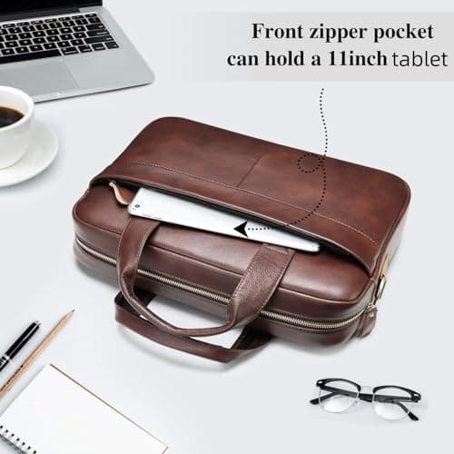 VINBAGGE Genuine Leather Briefcase for Men 14 Inch, Men's Business Laptop Work Bag, Messenger Bag with Adjustable Shoulder Strap, Professional Work Bag for Office Travel Commute — view 4