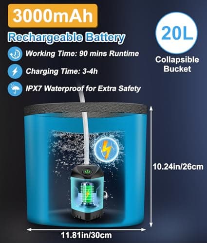 WADEO Portable Camping Shower, [20L Collapsible Bucket] [3000mAh] Rechargeable Battery Shower Pump, Outdoor Shower Kit for Beach, Pet, Travel, Car — view 6