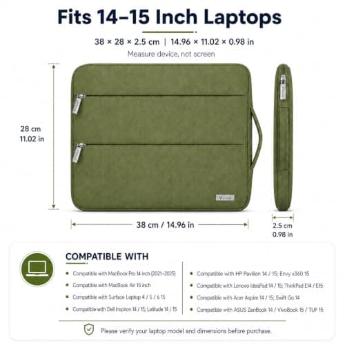 Voova Laptop Sleeve 14-15 Inch, Laptop Case for MacBook Air 15, Army Green — view 2