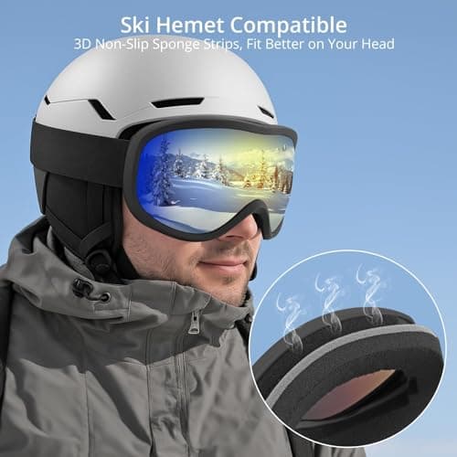 Anbte OTG Ski Goggles, Anti Fog Dual Layer Lens 100% UV400 Over The Glasses Snow Goggles for Sunny to Cloudy Days & Variable Conditions, Helmet Compatible for Men Women Youth Windproof, Red Lenses — view 3