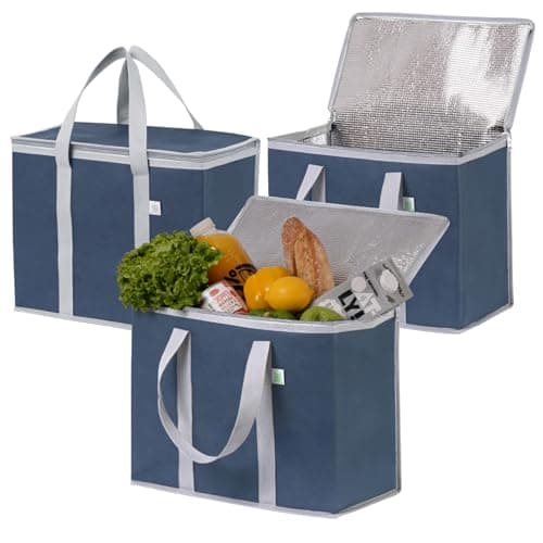 VENO 3 Pack Cooler Bag and Insulated Grocery Bags for Food Delivery, Collapsible Cooler, Reusable Shopping Bags for Groceries with zipper, Foldable, Heavy-Duty, Stands Upright (Dark Blue, 3 Pack)