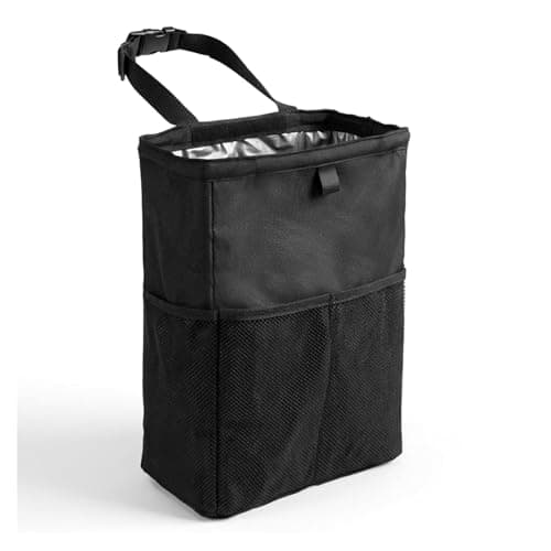 Black Car Trash Bin - Minimalist Car Bin and Dry Waste Organizer, 3.5 Gallon Leak-Proof Car Trash Can with Hook and Loop Lid and Handle, Car Bins for Front of Car, Essential Car Interior Accessories