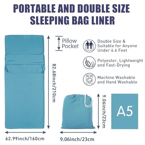 Plliocse Sleeping Bag Liner Travel Sheet Sleeping Bag, Double Size 160 x 210 cm Sleeping Bags Liners with Pillow Pockets for Adults, Travel, Hotels, Business Trip, Camping (Blue, 160cm x 210 cm) — view 2
