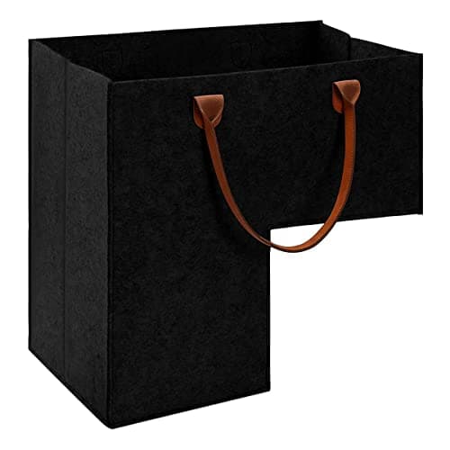 Keyohome Foldable L-shape Stair Basket Organiser, Large Stair Storage Organizer, Large Stair Tidy Basket Storage, Felt Stair Storage Bag with Faux Leather Handles for Laundry Toys Household (Black)