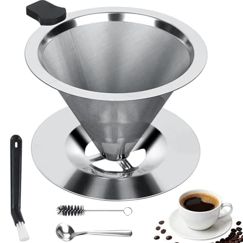 Reusable Pour Over Coffee Dripper Stainless Steel Coffee Filter Paperless Mesh Cone Cup Reusable Coffees Filters Slow Drip with Cleaning Brushand and Spoon for Single Cup Brew Coffees Maker