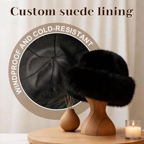 Faux Fur Bucket Hat for Women, Russian Style Winter Fluffy Fuzzy Ladies Hats Travel Hiking Work Home, Chapeau Fourrure Femme Winter Fashion Gift (Black) — view 6