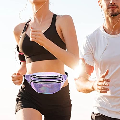 Waist Fanny Pack for Women Waterproof PU Bumbags for Ladies Fashion Shiny Bum Bag with Adjustable Belt for Dog Walking Hiking Travel Cycling (Purple) — view 2