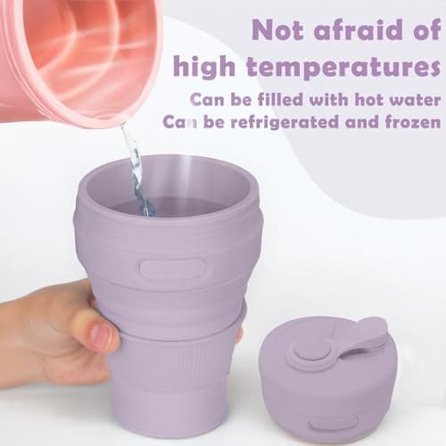 MORAINJAY Collapsible Coffee Cup with Lids,15oz/450ml Purple Silicone Portable Reusable Coffee Mug,Foldable Camping Travel Cup Fits in Your Pocket(Collapses to 6cm) — view 4