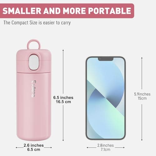 Exllena 300ml Small Water Bottle with One-Touch Soft Straw Lid, Double-Wall Vacuum Insulated Small Flask for Hot&Cold Drinks–Leak-Proof, Mini Water Bottle for Handbag, Yoga, Sport (Pink) — view 2