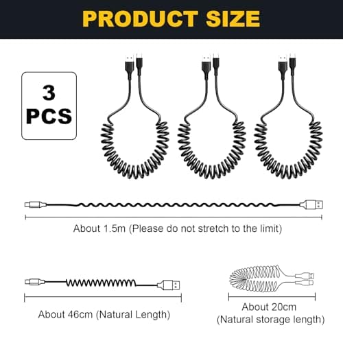 3 PCS Coiled USB C Cable, Retractable Charging Cable for Car, USB to C Cable Compatible with Samsung Galaxy S25 S24 S23 Google Pixel 10 9 8 — view 2