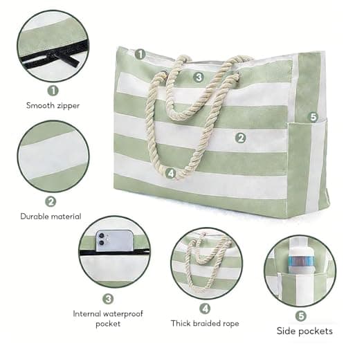 LPVVPEZ Large Beach Bag for Women with Zip, Waterproof Foldable Tote, Extra Big Swimming Pool & Gym Bag with Rope Handle for Travel, Shopping, Picnic (Green Stripe) — view 6