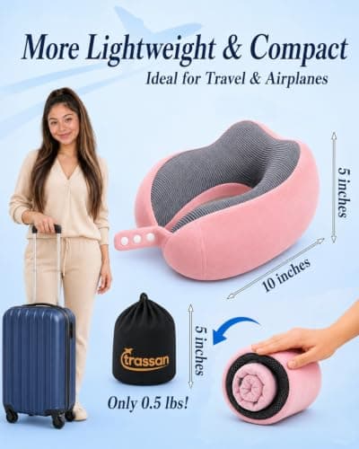 Travel Pillow for Airplane – Memory Foam Neck Pillow for Travel, Ergonomic Adjustable Flight Pillow for Adults, Compact Neck Cushion with Eye Mask, Ear Plugs & Carry Bag (pink) — view 2