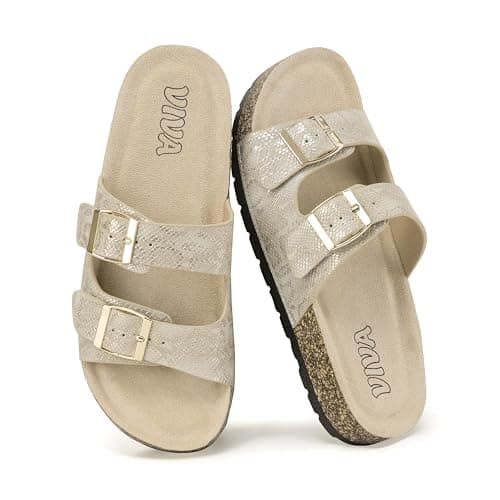 VIVASHOES Women’s Double Buckle Cork Footbed Sandals - Adjustable Flat Slide Sandals for Ladies - Comfortable Open Toe Summer Slippers - Gold Snake UK 5