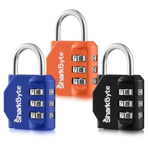 SharkByte Small Luggage Locks 3 Pack - 3 Digit Combination Padlocks, Weatherproof Outdoor Security Lock for Suitcases, Travel Bags, Gym Lockers, Bikes, & Storage Coded Lock