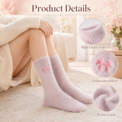 Pragma 5 Pairs Fluffy Socks Womens, Pink Bow Fuzzy Socks, Pastel Thermal Bed Socks for Women, Soft Plush Winter Sleep Slipper Socks, Cute Cozy Home Loungewear Gift for Girls Ladies Birthday Christmas — view 4