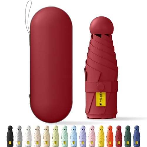 FWHFNB Travel Umbrella, Travel Mini Umbrella, Pocket Umbrella, UV Umbrella, UPF 50+, Portable Lightweight Compact, with Storage Box, for Men and Women (Burgundy)