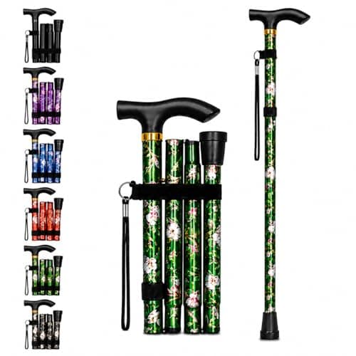 ZallyX Foldable Walking Sticks for Men & Women, Adjustable height (85–95cm) Ladies Walking Stick, Mobility aids, Collapsible walking stick For Elderly Adults (Green Flower)
