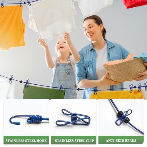 BODFPPC Travel Washing Line with 12 Clips, Portable Windproof Retractable Clothes Line Stretchy Elastic for Indoor Laundry Drying Clothesline,Outdoor Camping Accessories (Purple) — view 3