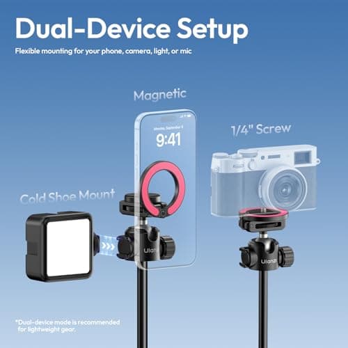 ULANZI MT-44M 2026 UPGRADED 59" Auto Open Magnetic Phone Tripod, Selfie Stick Bluetooth, Four-Leg Stand Dual Camera Set up, 360° Ball Head, 1/4" Thread Compatible with iPhone 17 16 15 14 13 12 DSLR — view 2