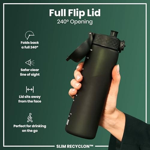 Ion8 Water Bottle, 500 ml/18 oz, Leak Proof, Easy to Open, Secure Lock, Dishwasher Safe, BPA Free, Hygienic Flip Cover, Carry Handle, Fits Cup Holders, Easy Clean, Carbon Neutral, Dark Green — view 4