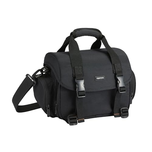 Amazon Basics Shoulder Bag for SLR Camera and Accessories, Large, Adjustable Strap, Waterproof, Shockproof, Solid, Padded - Black/Orange