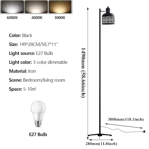 58.7" Black Iron Floor Lamp Adjustable Angle 3 Color Temperatures Nordic Modern Design Tall Pole Light for Living Room & Bedroom Touch Switch E27 Socket Corner Lighting — view 6