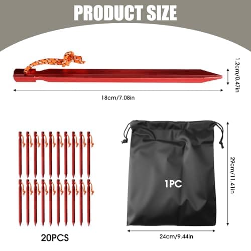 Aluminium Tent Pegs Heavy Duty, 20 Pack Red Camping Ground Pegs with Reflective Ropes and Carry Bag, 18cm Metal Tent Stakes, for Beach Hiking Tarps Hammock Outdoor Use — view 2