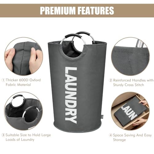 DOKEHOM 90L Large Laundry Basket Bag, Collapsible Tall Hamper, Dark Grey — view 6