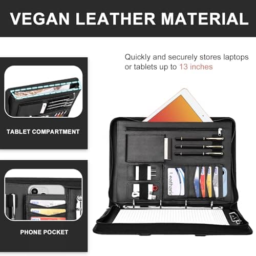 Leathario Portfolio Folder A4, Vegan Leather Conference Folder with Handle, 4-Ring Travel Document Holder with 5 5-Part File Dividers, Multi-Pocket Document Folder Organiser, Office Supplies — view 6