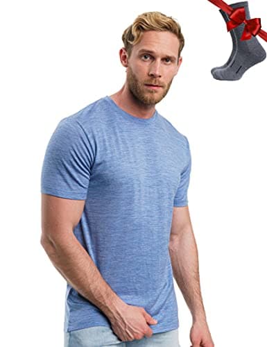 100% Merino Wool T Shirt Mens - Merino Wool Base Layer Men + Hiking Socks (Deep Blue, Large)