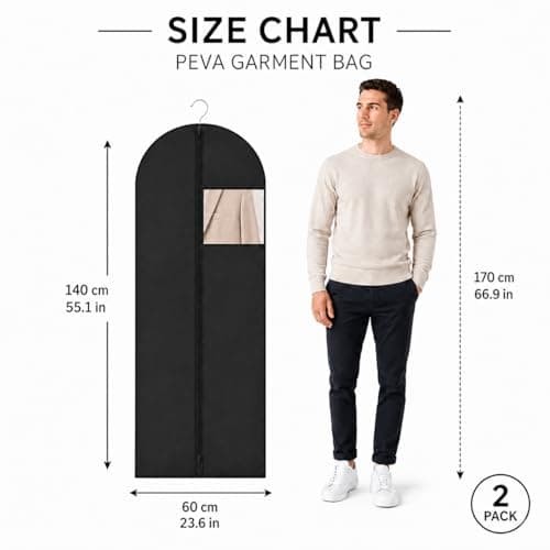 Sytinnice 2 Pack Dress Bags Covers Long 60 x 140 cm / 24 x 55 in, PEVA Hanging Garment Bags with Zipper, Waterproof Dustproof Clothes Covers for Wedding Dress, Gowns, Suits, Coats — view 2