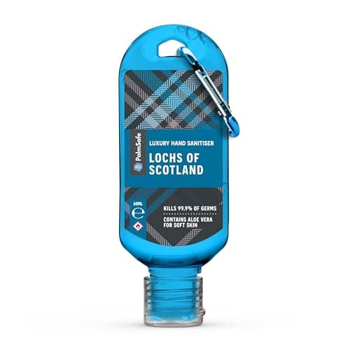 Palm Safe Lochs of Scotland 60ml Anti Bacterial Premium Hand Sanitiser Travel Size Refillable Clip Bottle Quick Drying Non Sticky Extra Moisturising Kills 99.9% of Viruses and Bacteria