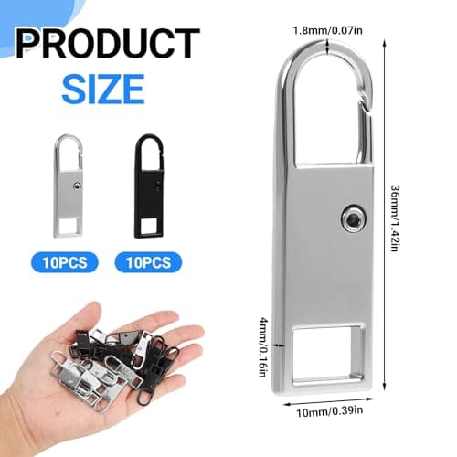 20PCS Spare Zipper Pulls, Zipper Pull Replacement, Metal Zip Handle Durable Puller for Jackets Bags Luggage Backpack Shoes Suitcase Zip Replacement and Zips for Sewing Black Silver — view 2