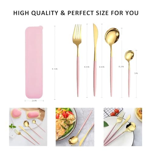 4pcs Stainless Steel Cutlery Set with Case - Travel Flatware for Lunch, Camping, School, Picnic, Workplace - Fork, Knife, Spoon Included (Pink) — view 6