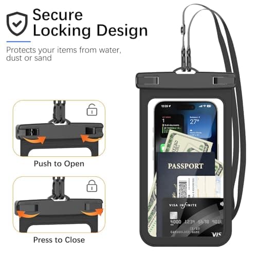 HopMore 2 Pack Waterproof Phone Pouch with Adjustable Lanyard Up to 7.2", IPX8 Universal Underwater Phone Case Dry Bag for iPhone 17 16 15 14 13 12 11 Pro, Samsung S25 S24 A56 A36 A16 - Black — view 6