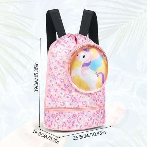 Alaoo Drawstring Bag for Kids, Waterproof Swimming Backpack with Wide Straps Swimming Beach Backpack with Zippered Pocket for Girls, Kids Sports, Gym, and Yoga(Unicorn) — view 2